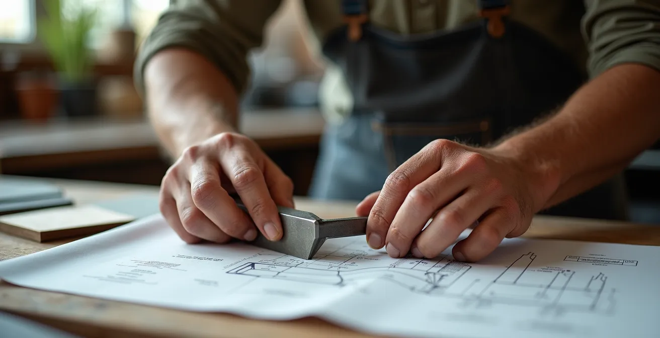 Artisan métallier étudiant des plans techniques détaillés