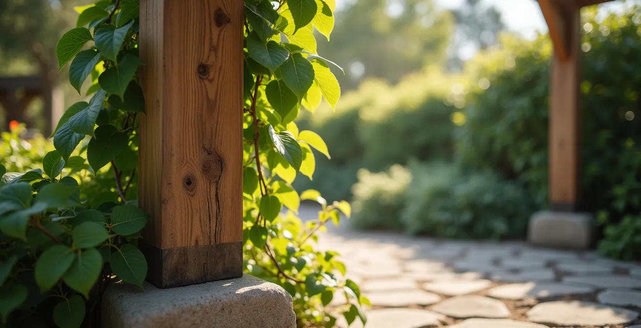 Pergola parfaitement intégrée dans un jardin paysager