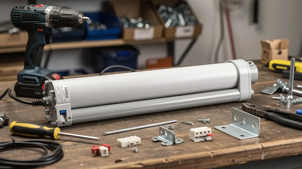 Moteur tubulaire de volet roulant posé sur établi avec outils d'installation