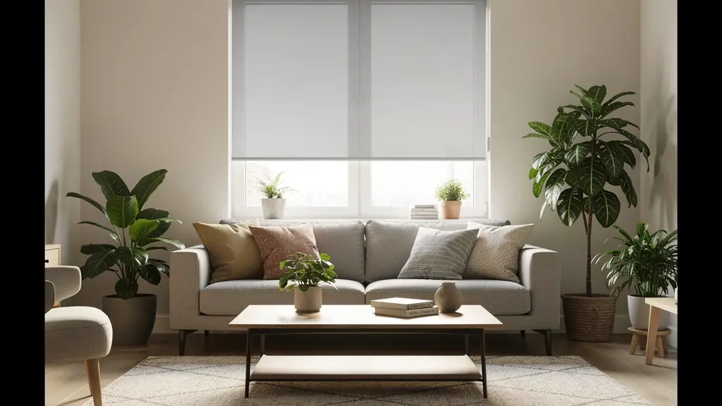 Salon moderne avec volet roulant motorisé partiellement fermé et lumière naturelle