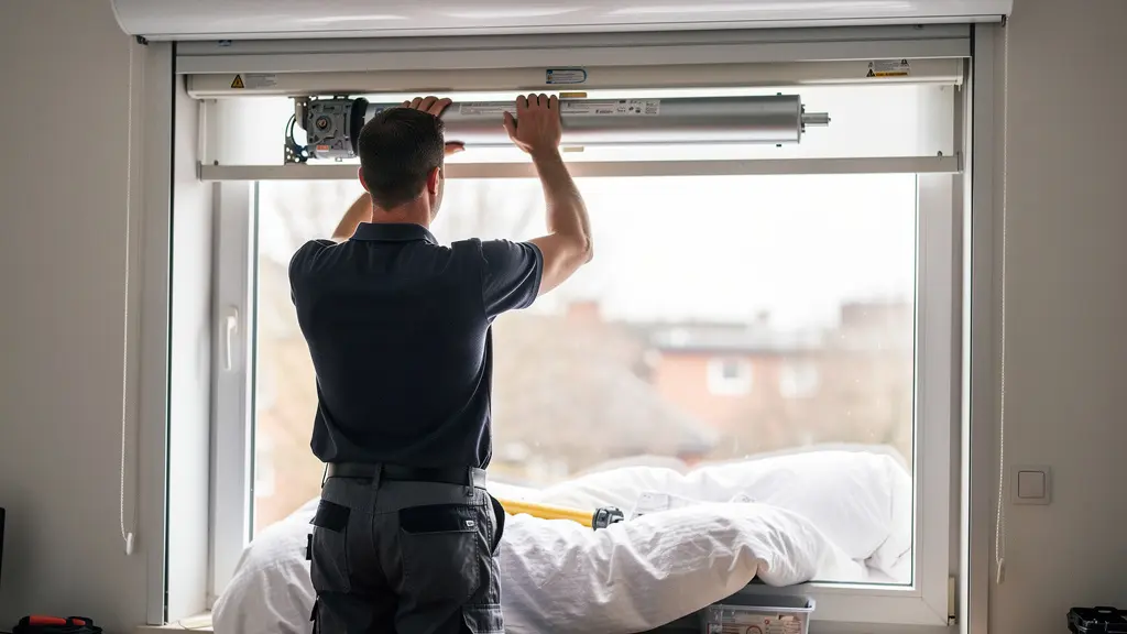 Technicien installant un moteur tubulaire dans le coffre d'un volet roulant résidentiel