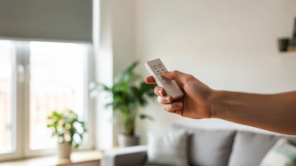 Personne utilisant une télécommande radio pour volet roulant dans un salon lumineux