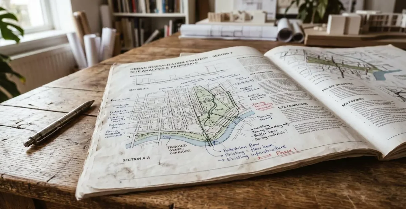 Document de Plan Local d'Urbanisme ouvert sur une table, avec des notes manuscrites sur les règles de hauteur des clôtures