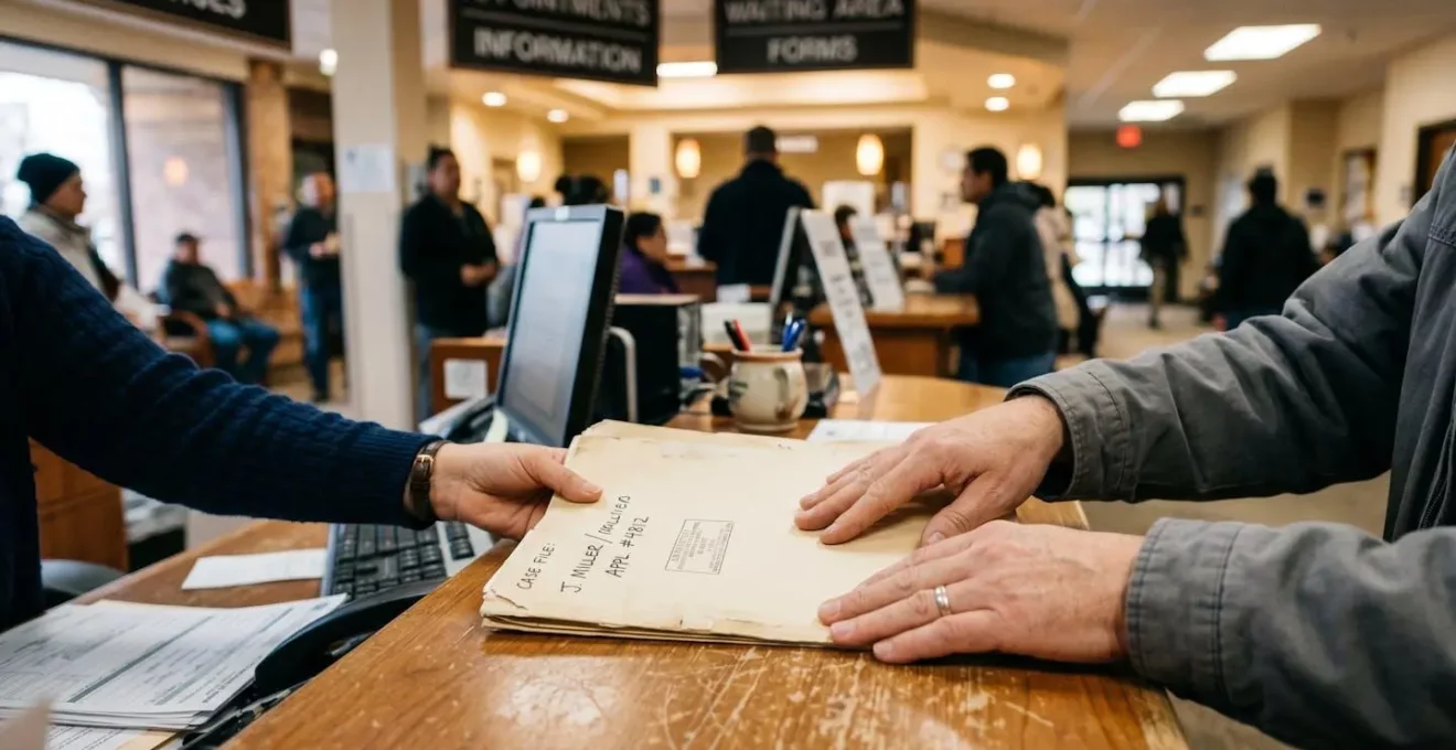 Mains déposant un dossier de déclaration préalable au guichet d'une mairie française