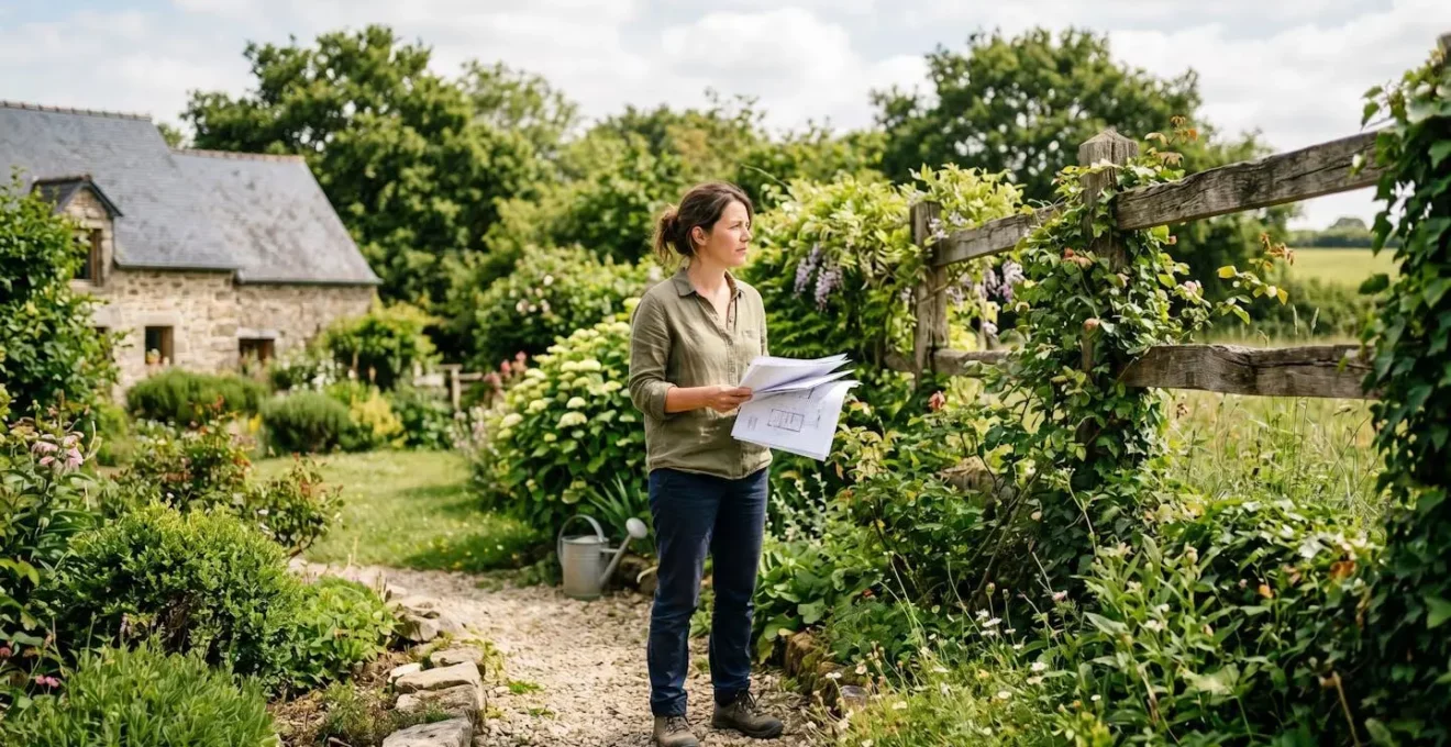 Propriétaire consultant les plans de son projet de clôture dans son jardin en Bretagne