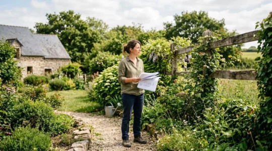 Propriétaire consultant les plans de son projet de clôture dans son jardin en Bretagne