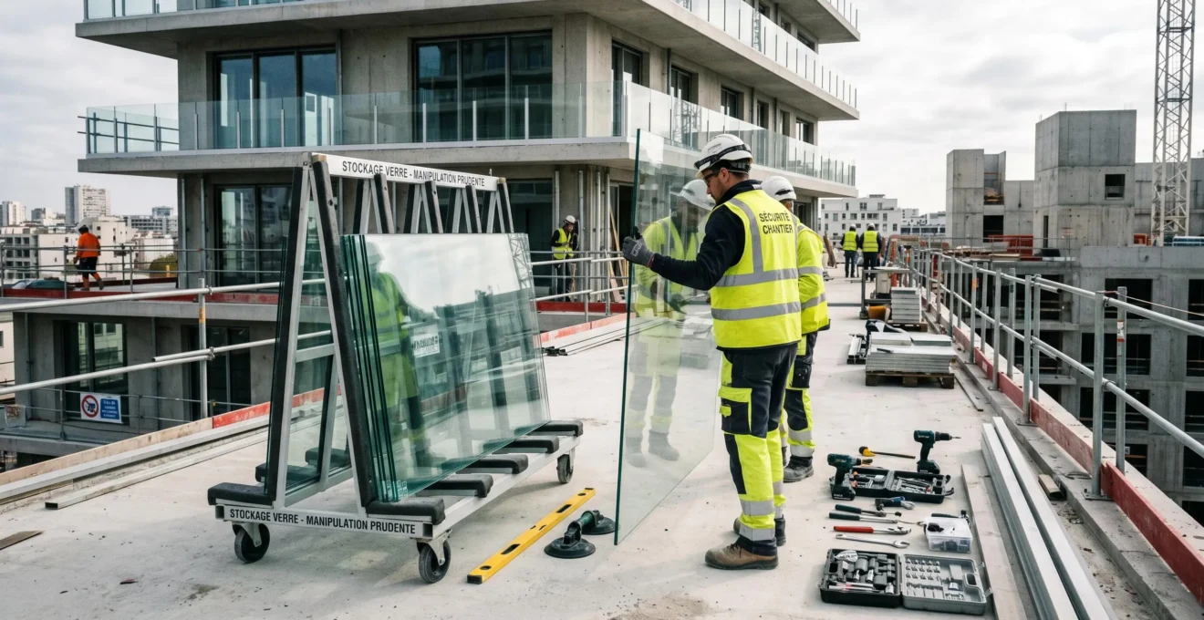 Chantier d'installation de garde-corps avec panneaux de verre stockés, outils spécialisés et équipe professionnelle en action sur terrasse moderne