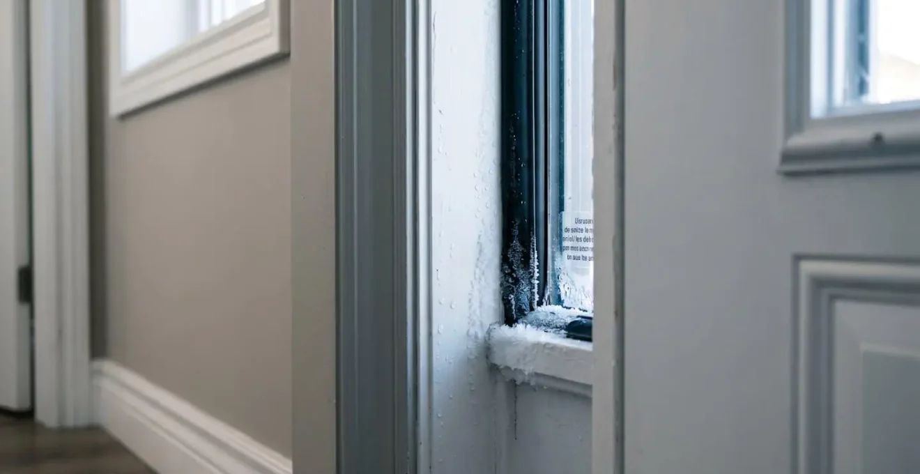 Gros plan sur condensation visible autour du cadre intérieur d'une porte d'entrée résidentielle, symptôme caractéristique de pertes de chaleur et d'infiltration d'air froid