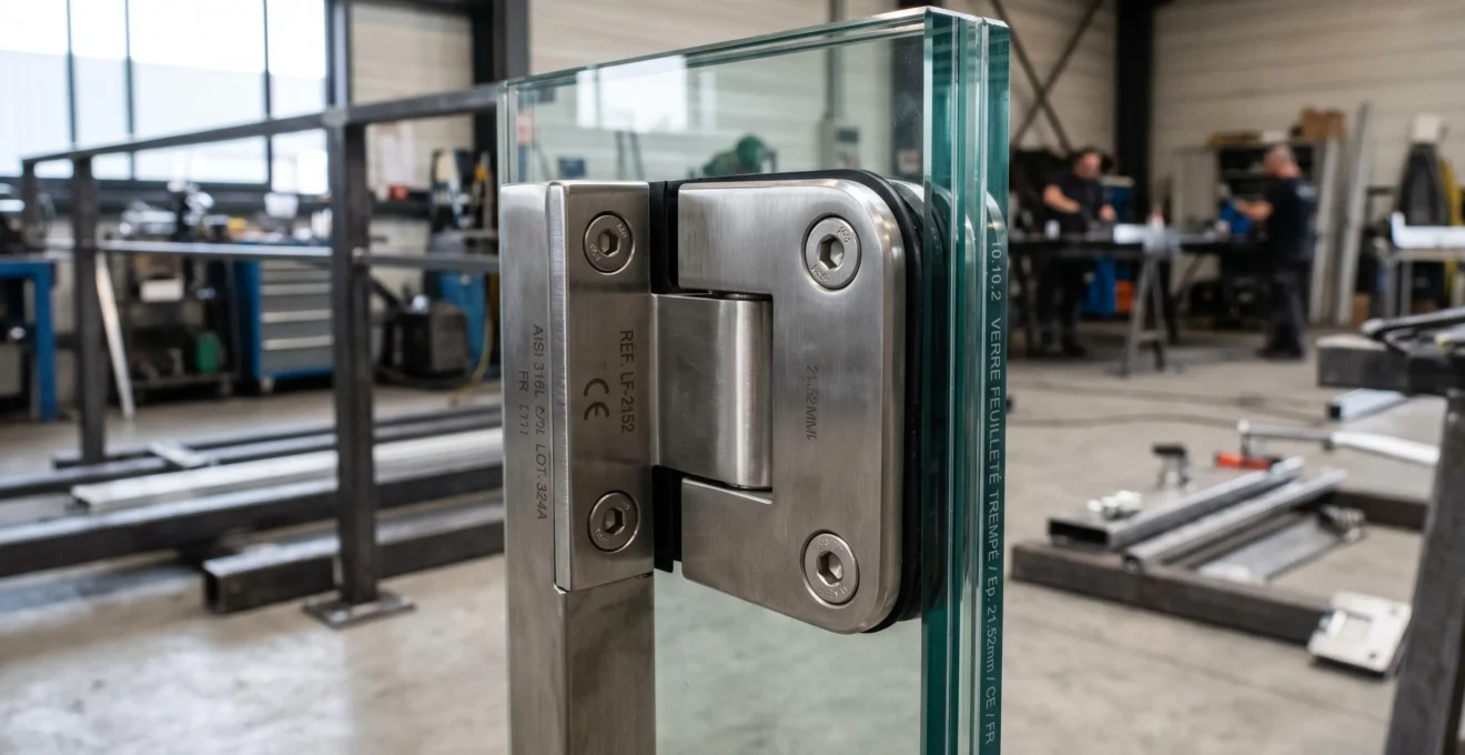 Détail technique d'une fixation latérale en inox pour garde-corps en verre, montrant le système de serrage précis entre verre feuilleté et structure métallique