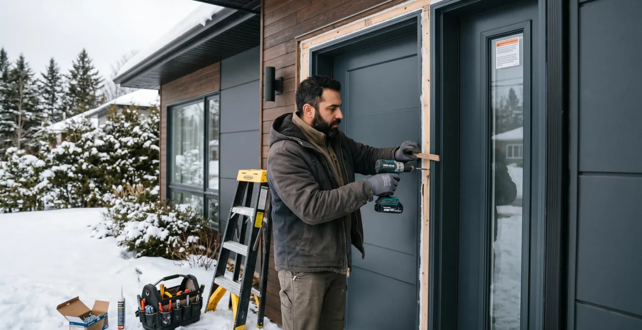 Installateur professionnel ajustant le cadre d'une porte d'entrée isolante en acier lors d'une installation hivernale sur une résidence unifamiliale canadienne, outils de pose et matériaux de calfeutrage visibles au premier plan, neige au sol
