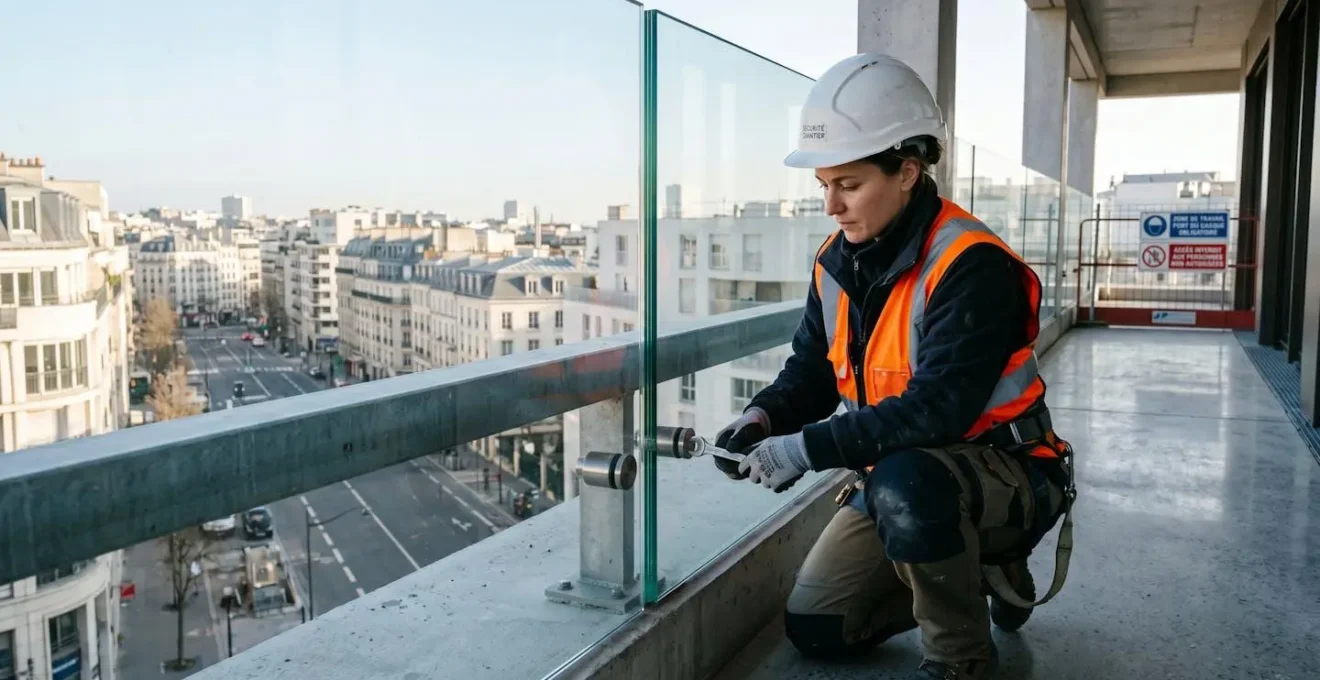 Technicien professionnel ajustant les fixations d'un garde-corps en verre feuilleté sur une terrasse contemporaine, avec outils spécialisés et équipement de sécurité