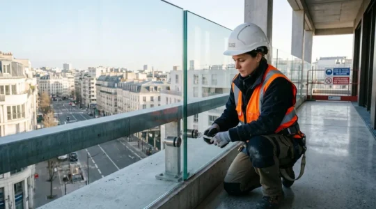 Technicien professionnel ajustant les fixations d'un garde-corps en verre feuilleté sur une terrasse contemporaine, avec outils spécialisés et équipement de sécurité